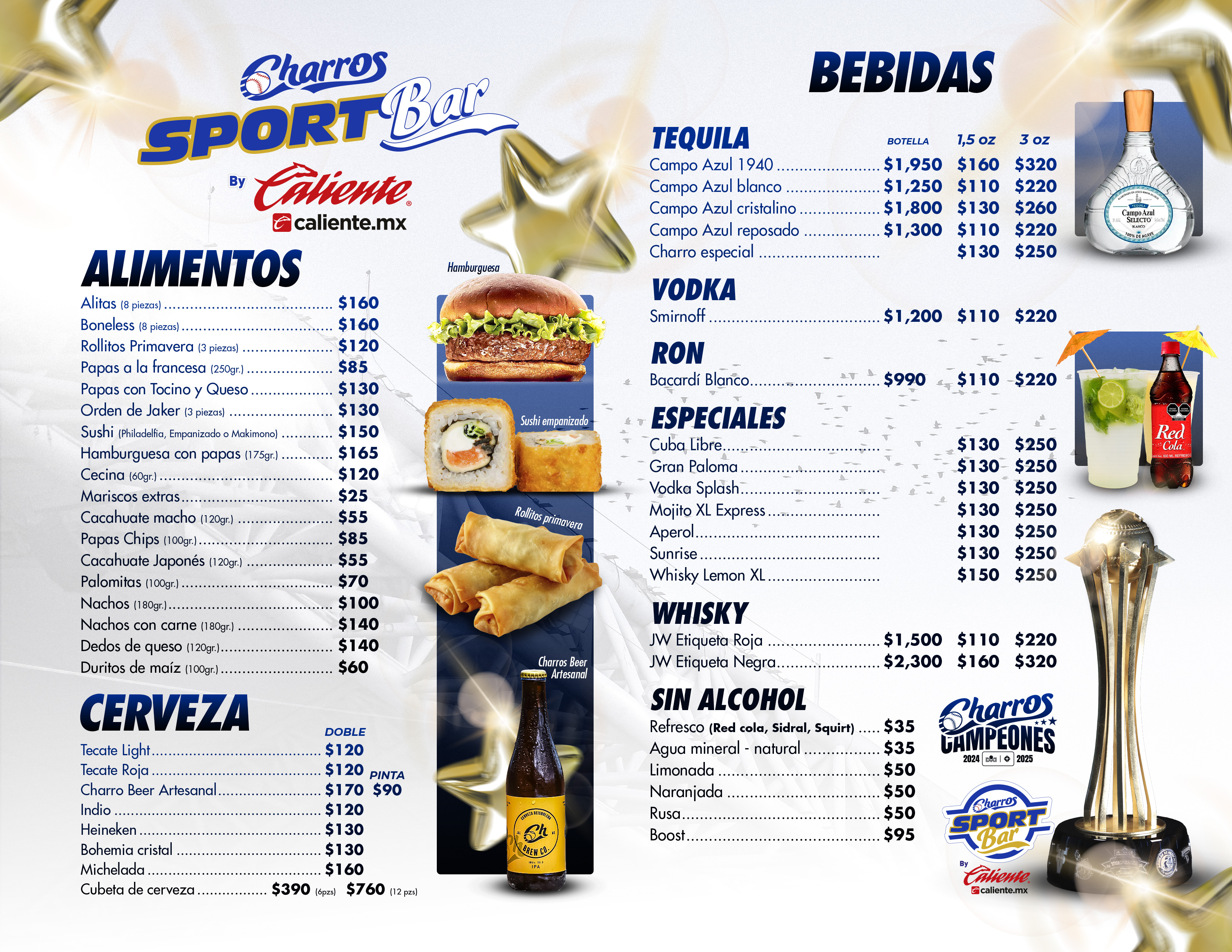 Menú completo de Charros Sport Bar - Alitas, boneless, hamburguesas, bebidas y más